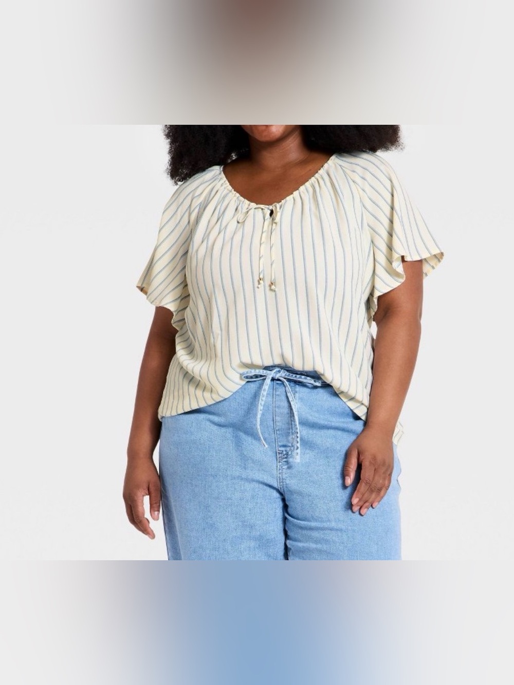 Ava & Viv Cream Blouse with Blue Stripes and Tie Neck